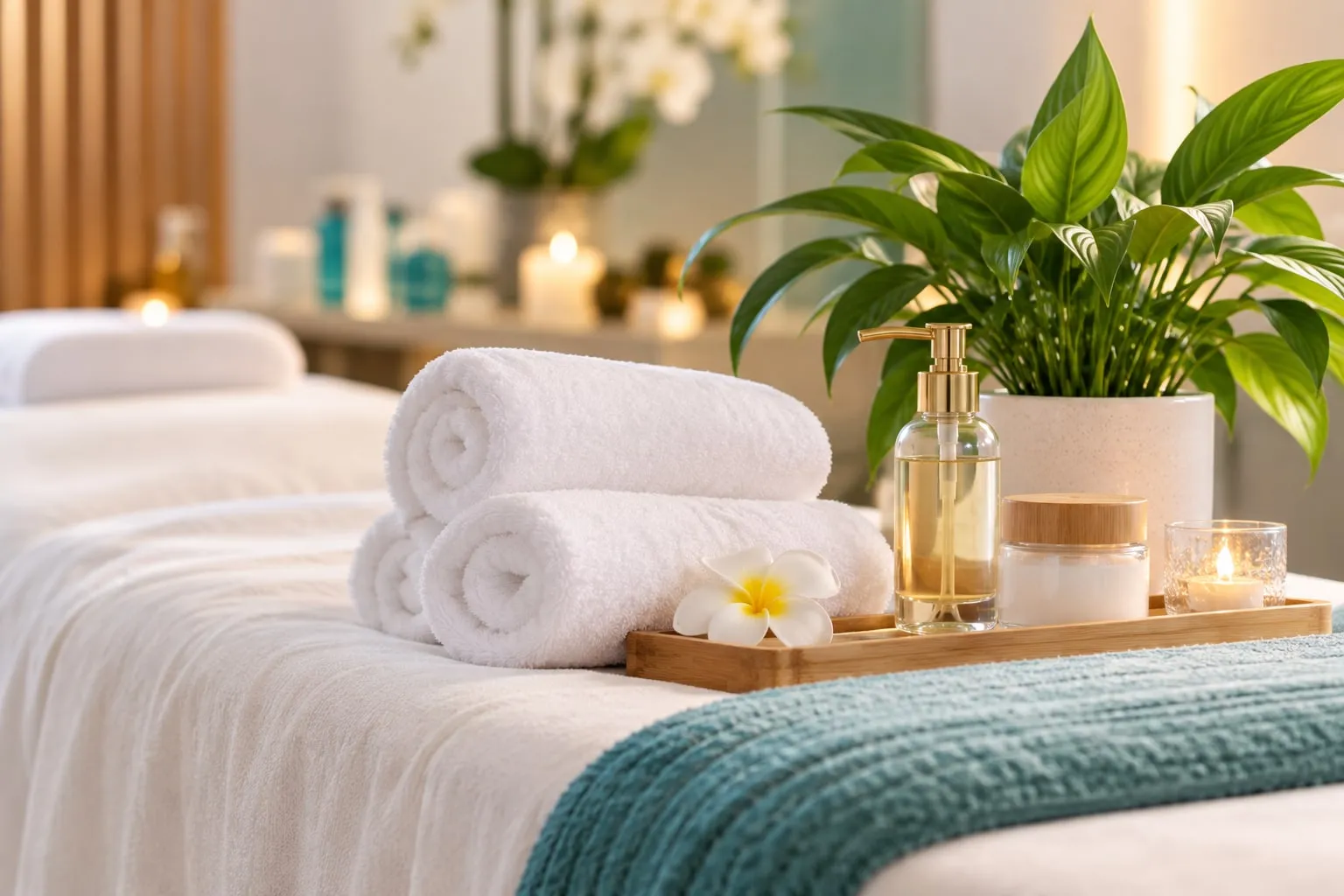 Detalle de cabina con toallas blancas, planta y productos de cuidado