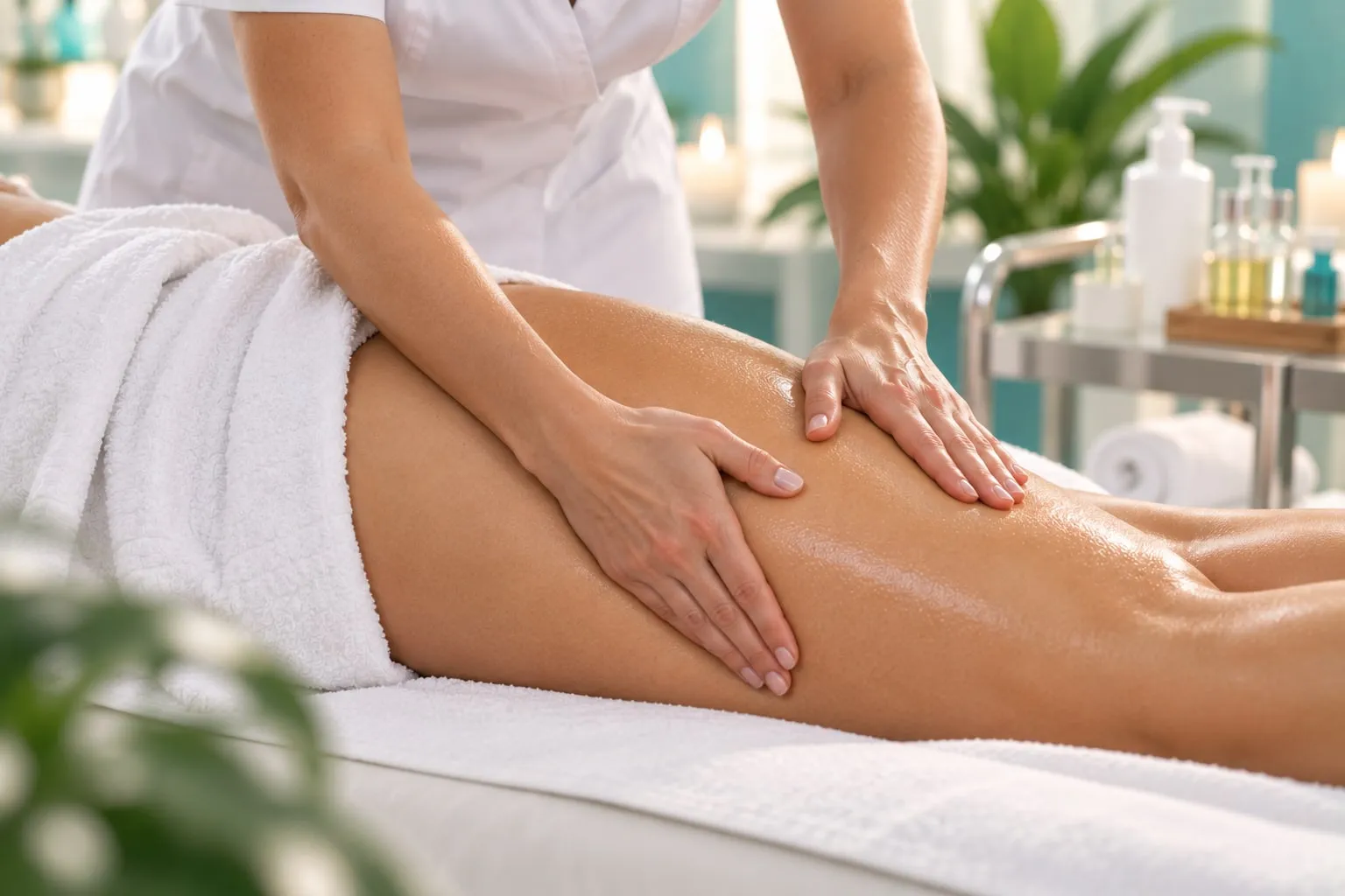 Terapeuta realiza un masaje modelador en la pierna de una clienta