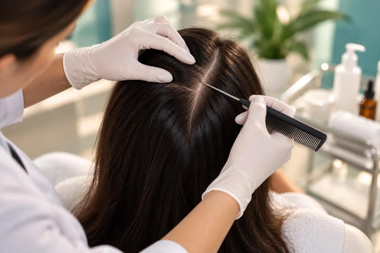 Profesional separa el cabello con un peine para revisar el cuero cabelludo