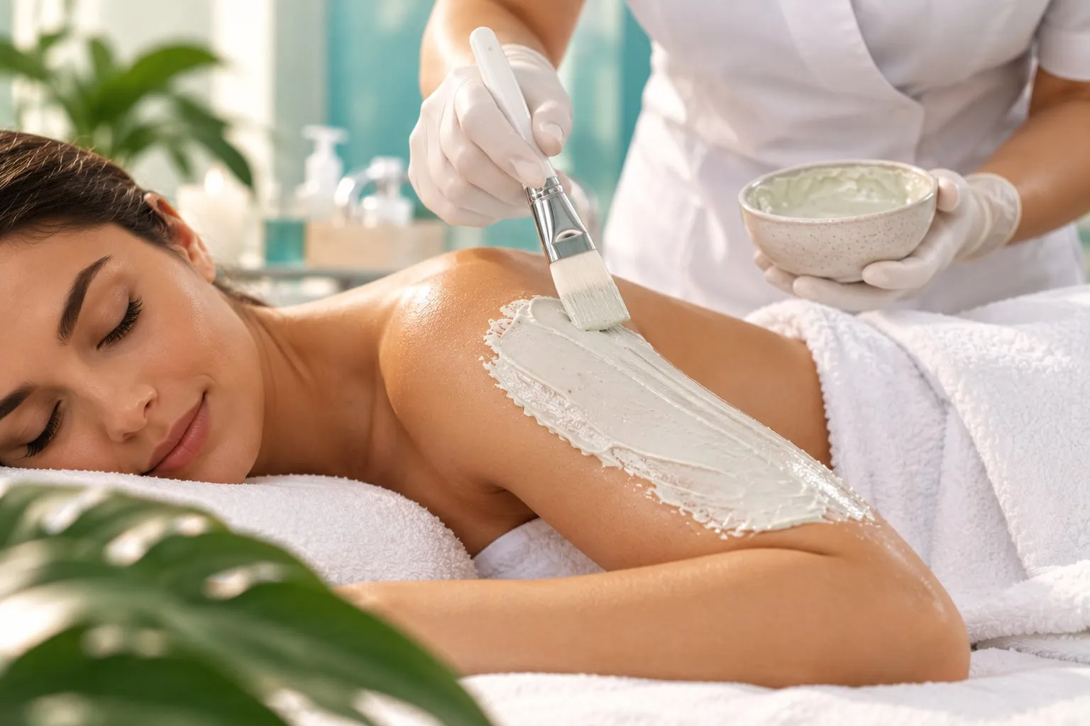 Profesional aplica con brocha una mascarilla corporal sobre el brazo de una clienta