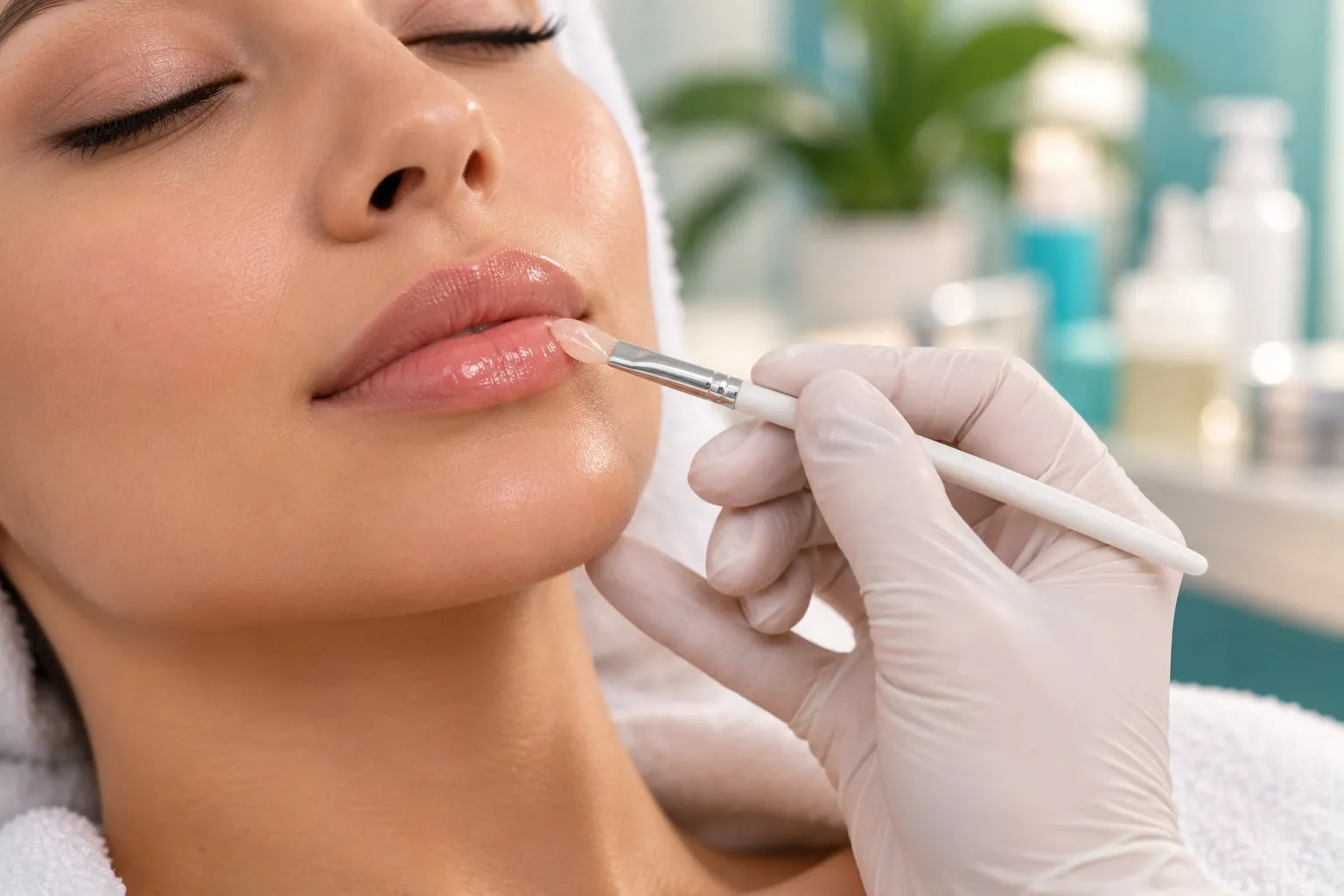 Profesional aplica con pincel un bálsamo hidratante sobre los labios de una clienta
