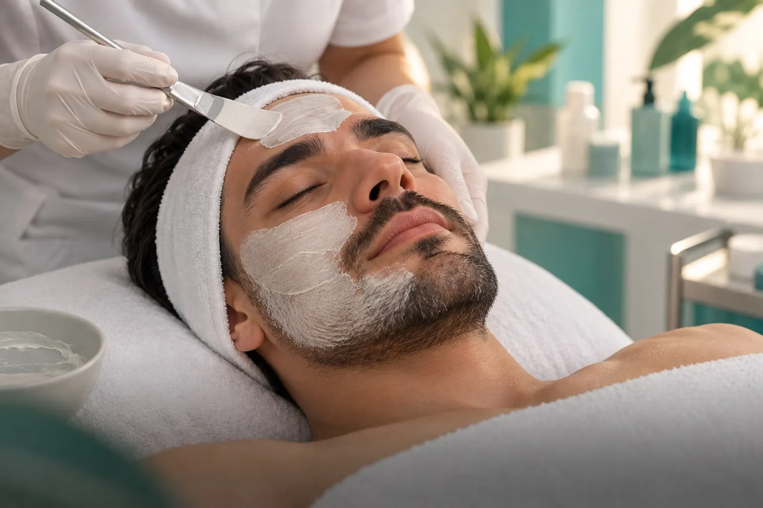Hombre recostado recibe una mascarilla facial aplicada con espátula