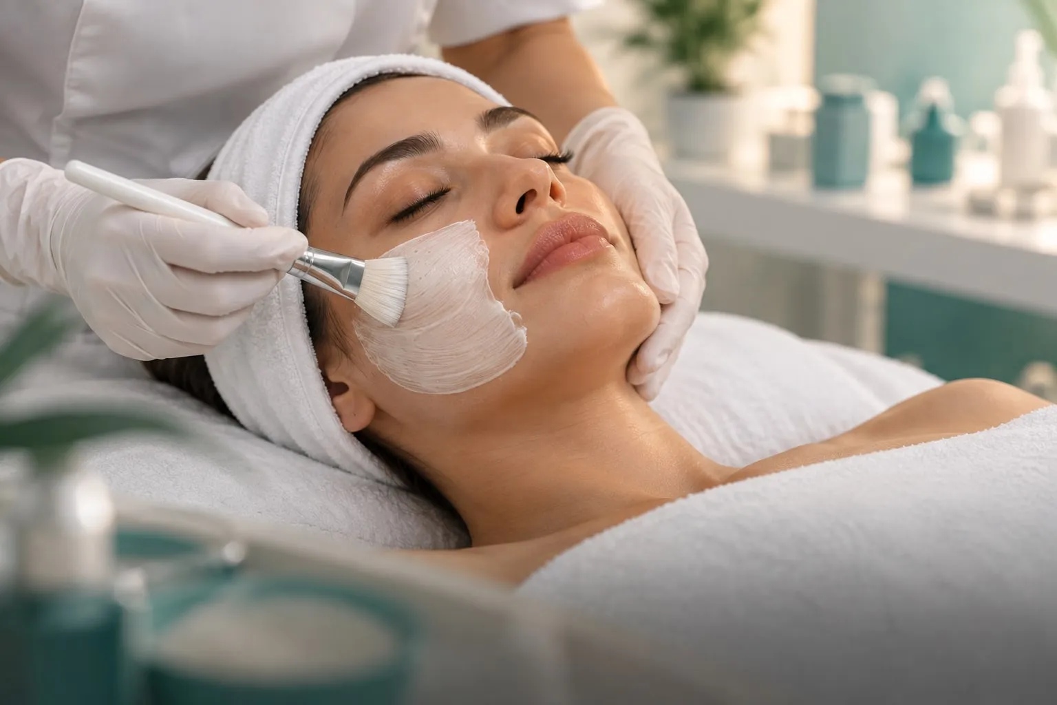 Profesional aplica con brocha una mascarilla facial a una clienta recostada en camilla