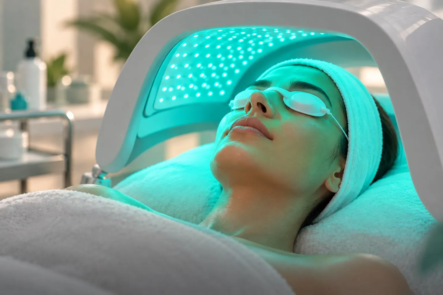 Clienta con protección ocular bajo un panel de luz LED facial